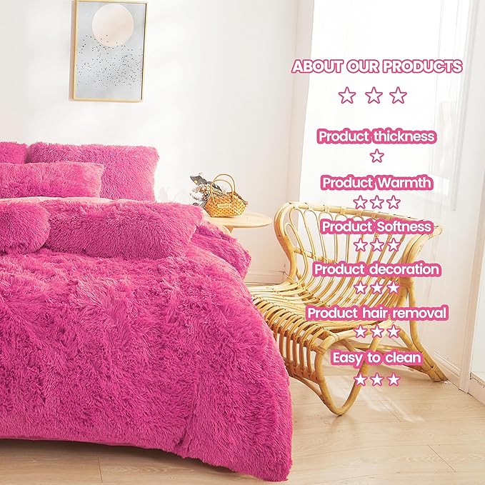 Fluffy hot pink comforters Cover twin size - Ultra Soft Plush hot pink bedding Sets 2 Pieces (1 faux fur comforter Cover + 1 fuzzy pillow case) girls shaggy hot pink twin bed set (Hot Pink, Twin) - LeafyLoom