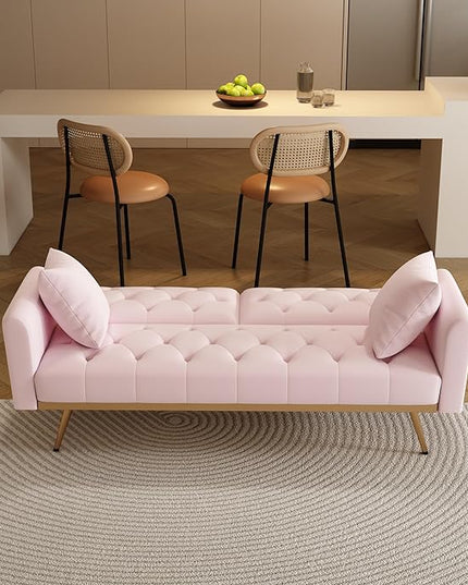 Velvet Upholstered Modern Convertible Futon Couch Folding Sofa Bed Recliner Lounge Loveseat Daybed Sofacama with Adjustable Backrest and Golden Legs for Small RV Living Room Office, Pink 68.3" - LeafyLoom