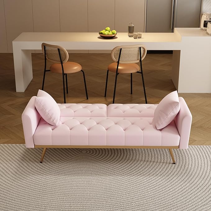 Velvet Upholstered Modern Convertible Futon Couch Folding Sofa Bed Recliner Lounge Loveseat Daybed Sofacama with Adjustable Backrest and Golden Legs for Small RV Living Room Office, Pink 68.3" - LeafyLoom