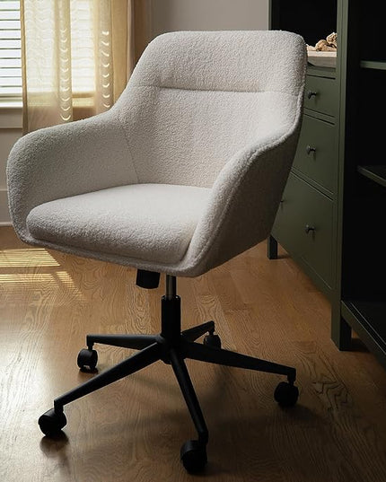Martha Stewart Rayna Mid-Back Swivel Upholstered Desk Chair with Padded Seat/Armrests, Modern Adjustable Height Office Chair, White/Oil Rubbed Bronze - LeafyLoom