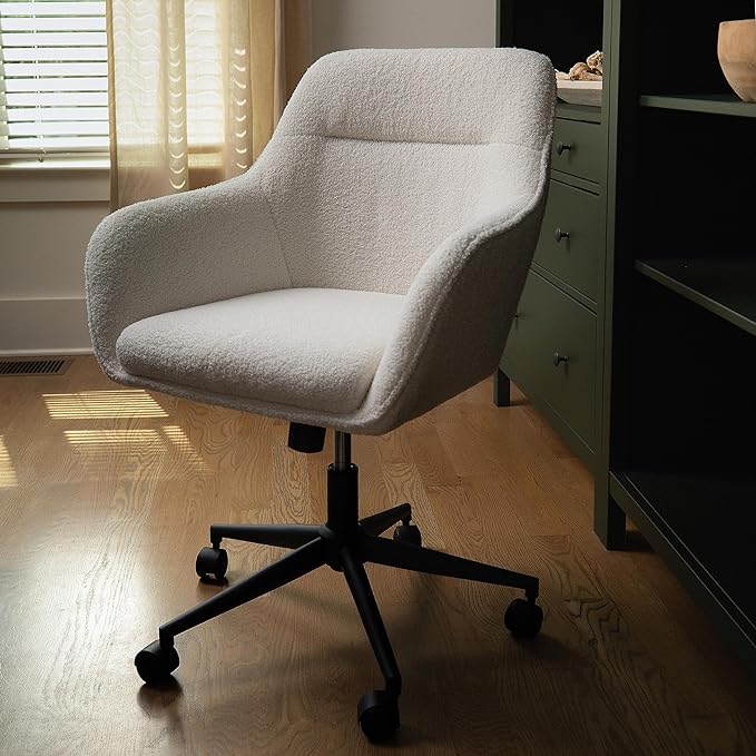 Martha Stewart Rayna Mid-Back Swivel Upholstered Desk Chair with Padded Seat/Armrests, Modern Adjustable Height Office Chair, White/Oil Rubbed Bronze - LeafyLoom
