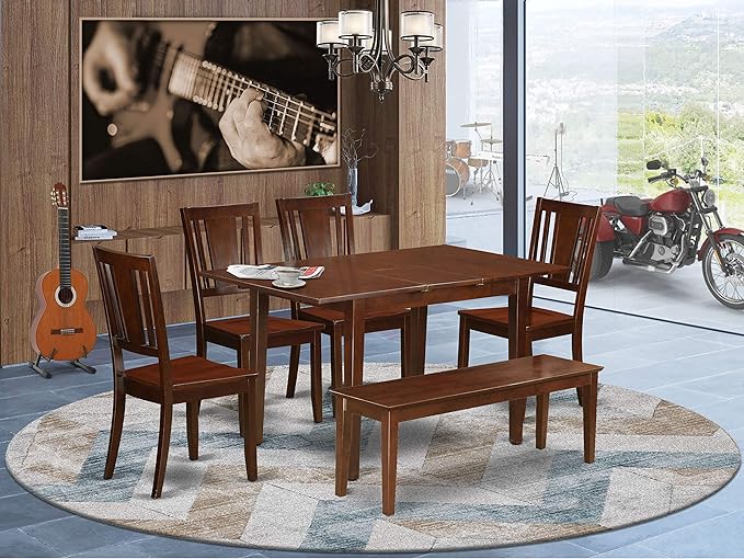 East West Furniture NODU6C-MAH-W 6 Piece Set Contains a Rectangle Dining Room Table with Butterfly Leaf and 4 Kitchen Chairs with a Bench, 32x54 Inch - LeafyLoom