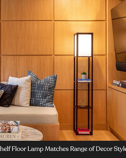 Brightech Maxwell - Modern Shelf Floor Lamp with Lamp Shade and LED Bulb - Corner Display Floor Lamps with Shelves for Living Room, Bedroom and Office - Havana Brown - LeafyLoom
