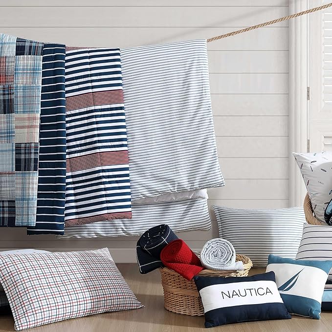 Nautica - King Comforter Set, Luxuriously Soft Seersucker Textured Bedding with Matching Shams, Wrinkle-Free Striped Home Decor (Windsor Blue, King) - LeafyLoom