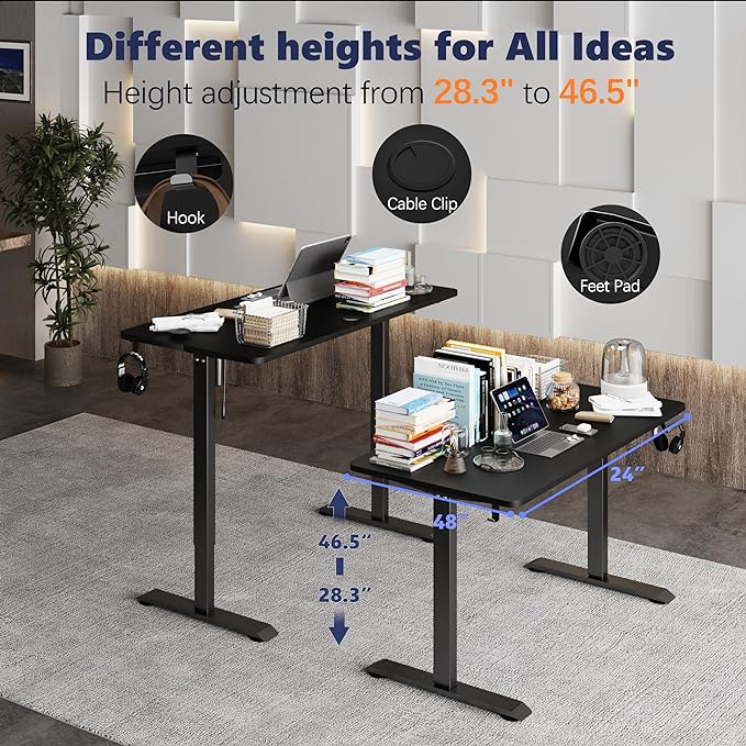 Monomi Electric Height Adjustable Standing Desk, 48x24 Inches, Ergonomic Home Office Sit/Stand Up Desk (Black Steel Frame/Black Top) - LeafyLoom