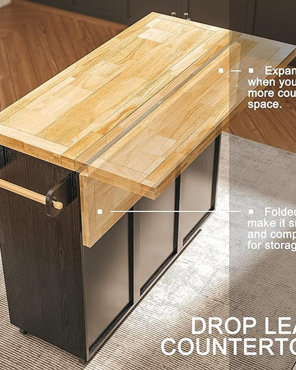 IRONCK Rolling Kitchen Island Cart with Drop-Leaf Countertop, Barn 3Drawers, Barn Door Style Cabine,Thicker Rubberwood Top, Spice Rack, on Wheels, for Kitchen and Dining Room, Black - LeafyLoom