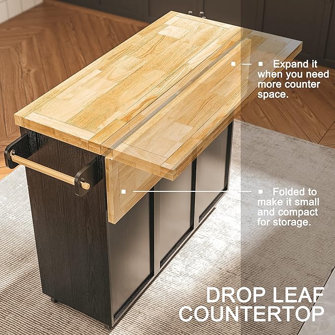IRONCK Rolling Kitchen Island Cart with Drop-Leaf Countertop, Barn 3Drawers, Barn Door Style Cabine,Thicker Rubberwood Top, Spice Rack, on Wheels, for Kitchen and Dining Room, Black - LeafyLoom