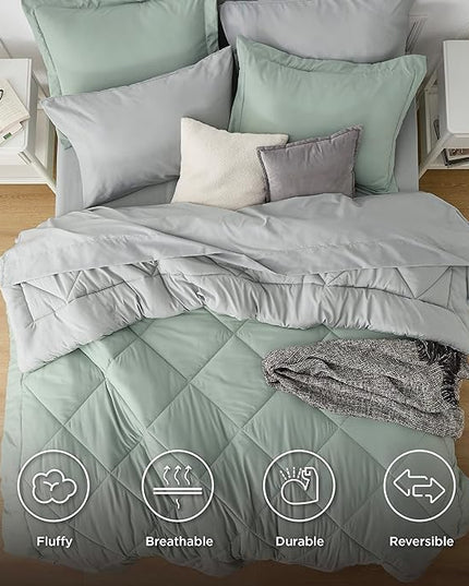 Bedsure Sage Green Full Comforter Set - 7 Pieces Reversible Bed Set Sage Green Bed in a Bag Full with Comforters, Sheets, Pillowcases & Shams, Full Bedding Sets - LeafyLoom