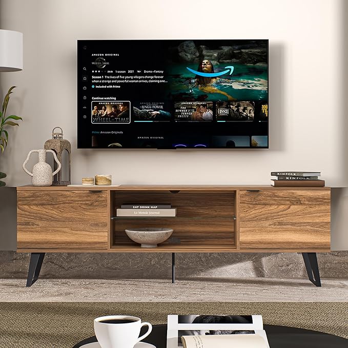 Atelier Mobili Mid Century Modern TV Stand Farmhouse TV Stand Entertainment Center for Living Room | Walnut TV Stand with Glass Shelf | Fits 80 Inch TV | Soft Closing Hinges | Storage for Bedroom - LeafyLoom