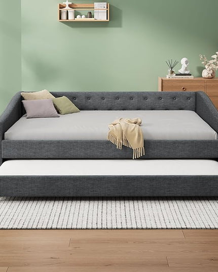Full Size Upholstered Daybed with Twin-Size Trundle,Elegant Wood Bed Frame w/Button Tufted Back and Waved Shape Arms & Nailhead,Slat Support,Sofa Bed for Apartment,Bedroom,Dark Grey - LeafyLoom