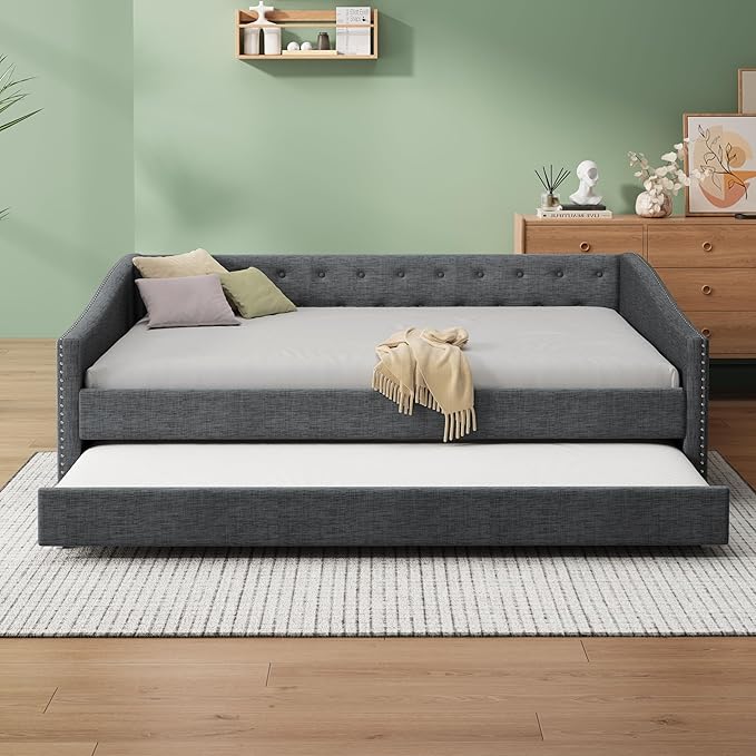 Full Size Upholstered Daybed with Twin-Size Trundle,Elegant Wood Bed Frame w/Button Tufted Back and Waved Shape Arms & Nailhead,Slat Support,Sofa Bed for Apartment,Bedroom,Dark Grey - LeafyLoom