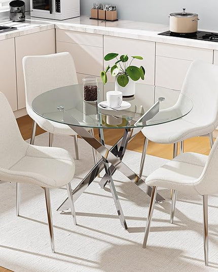 Round Tempered Glass Dining Table for 2-4 with Chromed Legs, 31.5 Inch Modern Small Kitchen Table Dining Room Table for Kitchen Dining Room (White/Silver) - LeafyLoom