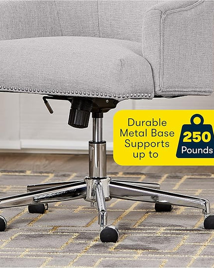 Serta Leighton Modern Office Chair, Stylish Mid-Back Desk Chair, Rivet Detail, Serta Quality Memory Foam, Armchair with Wheels, Vanity Chair, Swivel Chrome Metal Base, Twill Fabric, Light Gray - LeafyLoom