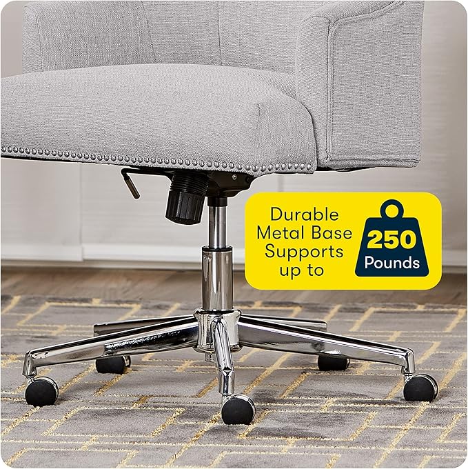 Serta Leighton Modern Office Chair, Stylish Mid-Back Desk Chair, Rivet Detail, Serta Quality Memory Foam, Armchair with Wheels, Vanity Chair, Swivel Chrome Metal Base, Twill Fabric, Light Gray - LeafyLoom