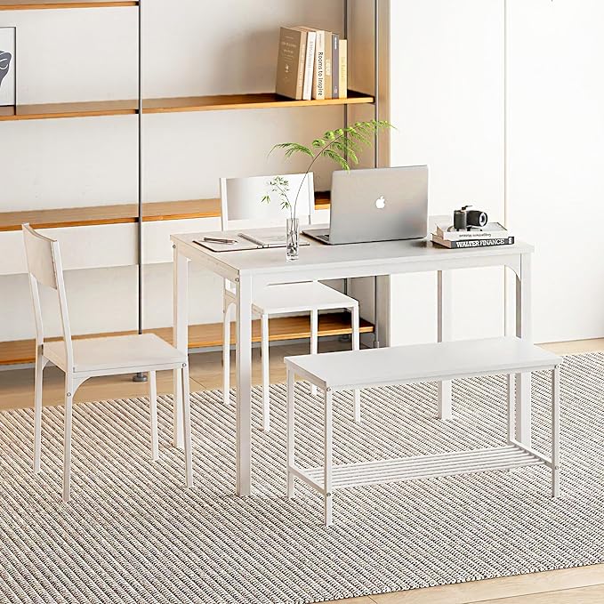 sogesfurniture Modern 4-Piece Kitchen Dining Table Set with 1 Bench and 2 Chairs, Kitchen Bench Table Set for 4, Wooden Kitchen Table and Chairs for Limited Space,White - LeafyLoom