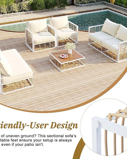 7-Piece Rattan Woven Outdoor Patio Furniture Set, All-Weather Sectional Sofa with Removable Cushions&Coffee Table, Minimalist Style Garden Couch Seating, Onesize, White Frame+Ivory Cushion - LeafyLoom