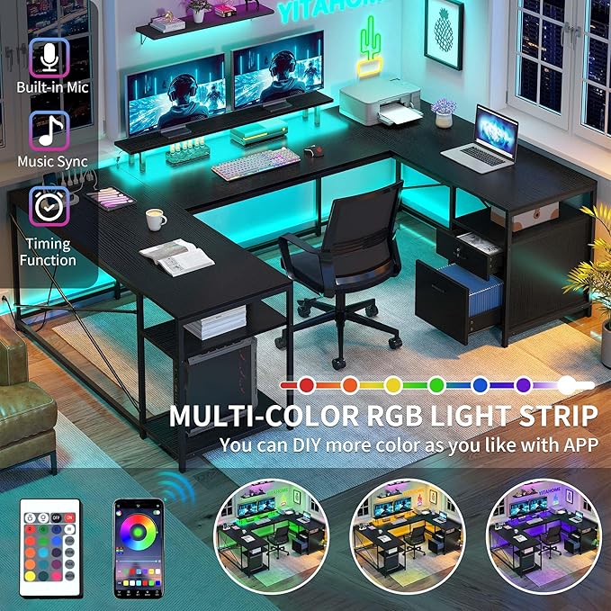 YITAHOME U Shaped Desk with Power Outlets & LED Lights, 79" Reversible L Shaped Desk with Drawers, Corner Computer Desk Office Desk with Monitor Stand & Storage Shelves, Black - LeafyLoom