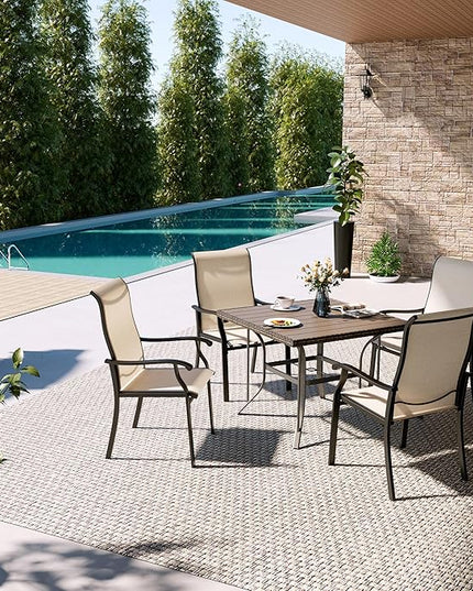 Pamapic 5 Pieces Patio Dining Set, Outdoor Table and Chairs for Garden Backyard Poolside Deck,Outdoor Furniture Set with Square Plastic-Wood Table Top,4 Textilene Chairs,Beige - LeafyLoom