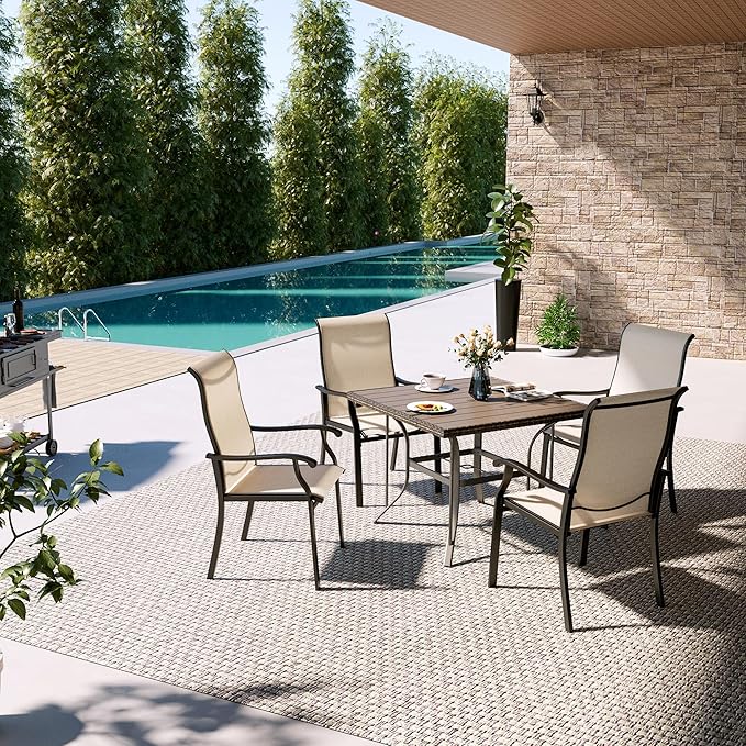 Pamapic 5 Pieces Patio Dining Set, Outdoor Table and Chairs for Garden Backyard Poolside Deck,Outdoor Furniture Set with Square Plastic-Wood Table Top,4 Textilene Chairs,Beige - LeafyLoom