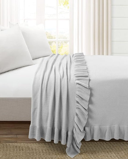 Lush Decor Reyna Soft Knitted Ruffle Throw Blanket, 104" W x 88" L, Light Gray - Ruffled Bedding - Knit Blanket - Cozy Oversized Blanket For Bed or Couch - Vintage, Minimalist & Cottage Home Decor - LeafyLoom