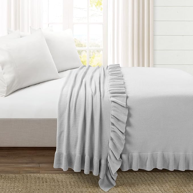 Lush Decor Reyna Soft Knitted Ruffle Throw Blanket, 104" W x 88" L, Light Gray - Ruffled Bedding - Knit Blanket - Cozy Oversized Blanket For Bed or Couch - Vintage, Minimalist & Cottage Home Decor - LeafyLoom