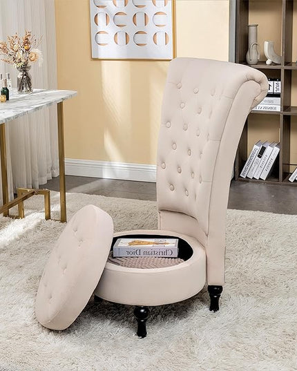 Royal High-Back Velvet Accent Chair for Vanity with Storage and Luxurious Upholstery, Retro Design and Versatile Usage for Living Room, Bedroom, Lounge and Office, Ivory - LeafyLoom