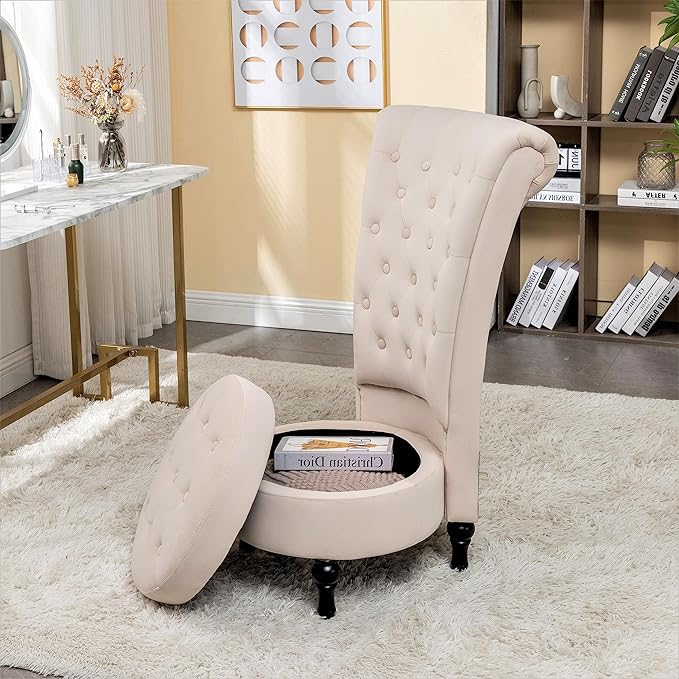 Royal High-Back Velvet Accent Chair for Vanity with Storage and Luxurious Upholstery, Retro Design and Versatile Usage for Living Room, Bedroom, Lounge and Office, Ivory - LeafyLoom