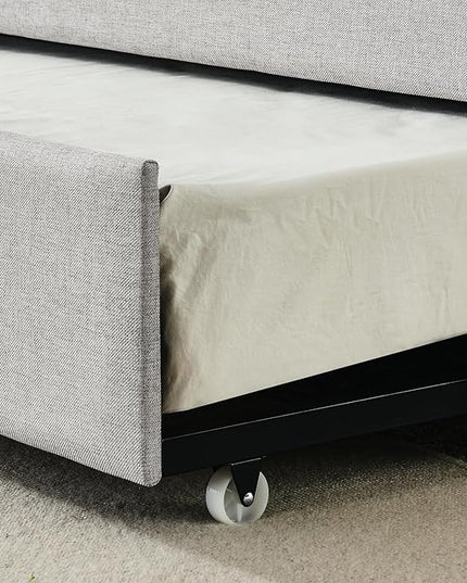 Full Size Upholstered Daybed with Twin Size Trundle, Tufted Sofa Bed w/Waved Shape Arms, for Bedroom Living Room, No Box Spring Needed & Space-Saving Design, Beige - LeafyLoom