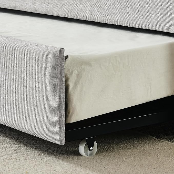 Full Size Upholstered Daybed with Twin Size Trundle, Tufted Sofa Bed w/Waved Shape Arms, for Bedroom Living Room, No Box Spring Needed & Space-Saving Design, Beige - LeafyLoom