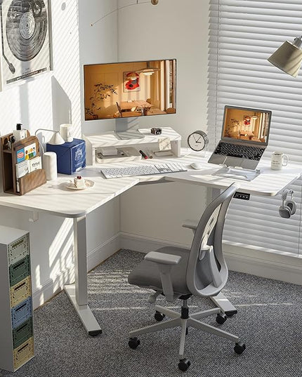 FEZIBO Corner Standing Desk, 48 Inches L Shaped Standing Desk, Electric Stand Up Corner Desk, Home Office Sit Stand Desk with White Top and White Frame - LeafyLoom
