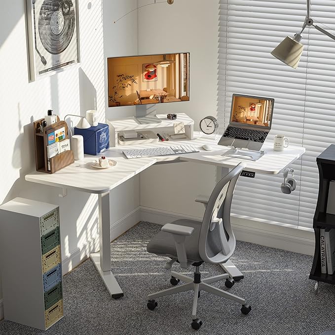 FEZIBO Corner Standing Desk, 48 Inches L Shaped Standing Desk, Electric Stand Up Corner Desk, Home Office Sit Stand Desk with White Top and White Frame - LeafyLoom