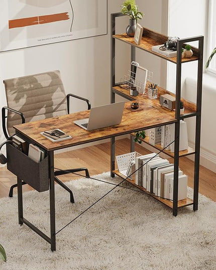 Treesland 55 Inch Computer Desk with Storage Shelves, L Shaped Desk with Storage, Corner Desk with Storage, Home Office Desks, Bookshelf Desk, Writing Study Desk for Bedroom, Brown - LeafyLoom