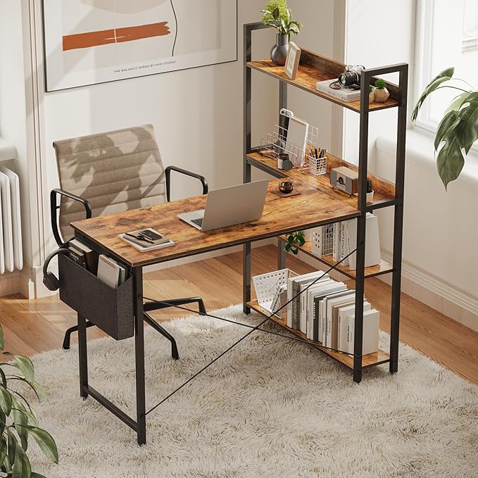 Treesland 47 Inch Computer Desk with Bookshelf, Corner Desk with Storage, L Shaped Desk, Home Office Desks, Writing Study Desk for Bedroom, Brown - LeafyLoom