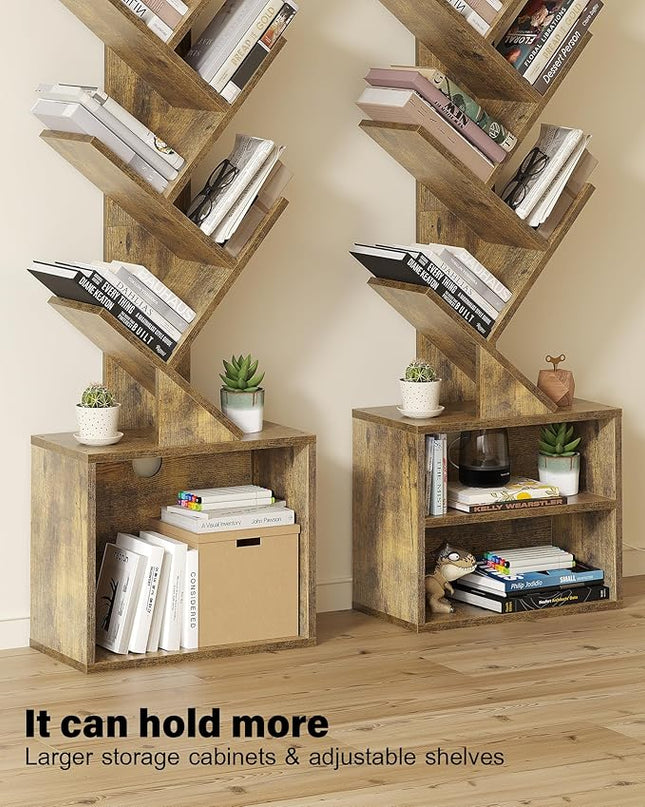 SUNMORY 6 Tier Tree Bookshelf, Small Bookcase with Storage Cabinet, Modern Tall Narrow Bookshelves Organizer, Floor Standing Book Shelf for Bedroom/Living Room/Home Office/Corner, Rustic Brown - LeafyLoom