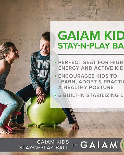 Gaiam Kids Stay-N-Play Children's Balance Ball, Flexible School Chair Active Classroom Desk Alternative Seating, Built-In Stay-Put Soft Stability Legs, Includes Air Pump, 45cm, Purple Miss Sunshine - LeafyLoom