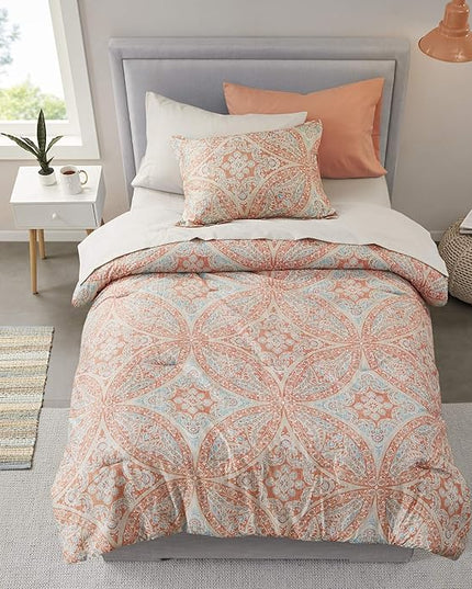 Comfort Spaces Bed in A Bag - Trendy Casual Design Cozy Comforter with Complete Sheet Set with Side Pocket, All Season Cover, Matching Shams, Twin(66"x90"), Gloria, Damask Coral 6 Piece - LeafyLoom