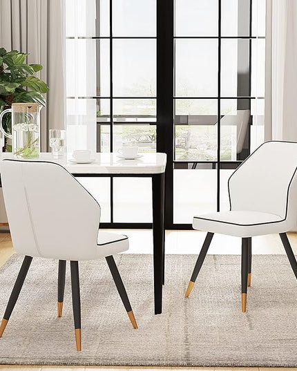 White Faux Leather Dining Chairs Set of 2, Modern Upholstered Accent Kitchen Dining Room Chairs Armless Side Chairs with Metal Legs - LeafyLoom