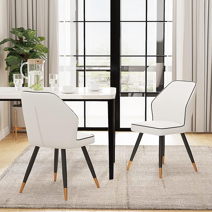 White Faux Leather Dining Chairs Set of 2, Modern Upholstered Accent Kitchen Dining Room Chairs Armless Side Chairs with Metal Legs - LeafyLoom