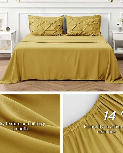 Bedsure Mustard Yellow King Size Comforter Set - Bedding Set King 7 Pieces, Pintuck Bed in a Bag Green Bed Set with Comforter, Sheets, Pillowcases & Shams - LeafyLoom