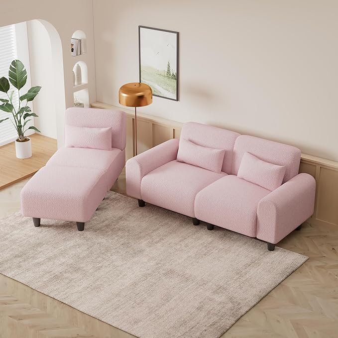 NicBex Sectional Couch Sofa with Lounge Chair Polyester Modern L Shaped Cloud Couch for Living Room Furniture Sets with Waist Pillows, Modular Sofa for Living Room, Bedroom, Apartment, 84.6" L, Pink - LeafyLoom