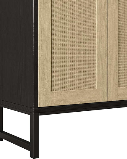 Panana Sideboard Accent Storage Cabinet with Rattan Decorated 4 Doors Dining Room Freestanding Kitchen Buffet Table Cupboard (Black) - LeafyLoom