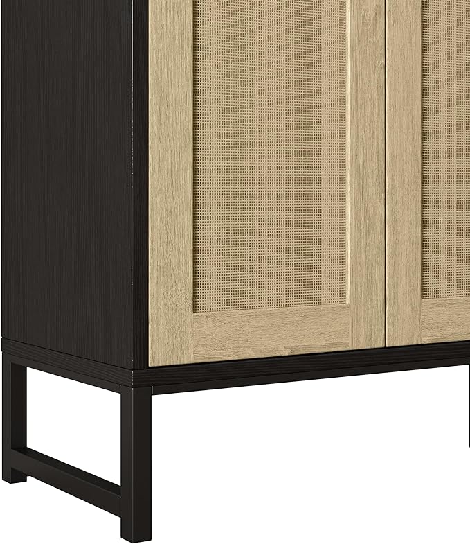 Panana Sideboard Accent Storage Cabinet with Rattan Decorated 4 Doors Dining Room Freestanding Kitchen Buffet Table Cupboard (Black) - LeafyLoom