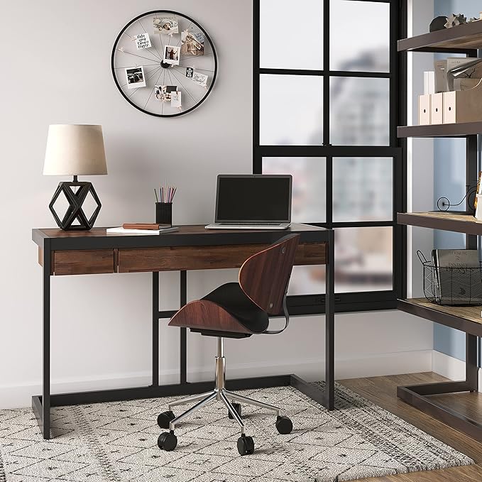 SIMPLIHOME Erina SOLID ACACIA WOOD Modern Industrial 48 Inch Wide Small Desk in Distressed Charcoal Brown, For the Office Desk, Writing Table, Workstation and Study Table - LeafyLoom