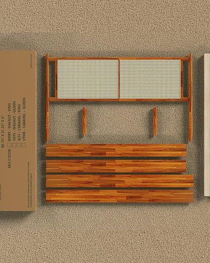 Bme Oliver King Bed Frame and Headboard - 15-Inch Signature Design with Rattan Headboard, Bohemian and Mid Century Style, 12-Slat Wood Support, No Box Spring Needed - Easy Assembly, Caramel - LeafyLoom