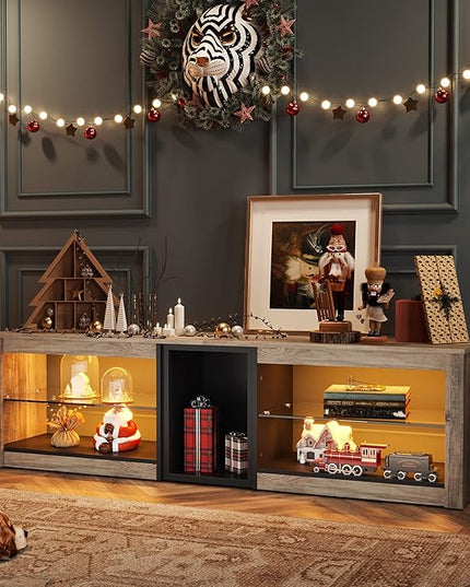 Bestier TV Stand for 70 inch TV, Gaming Entertainment Center for PS5, LED TV Cabinet with Glass Shelves for Living Room, 63'' Inch, Grey Wash - LeafyLoom