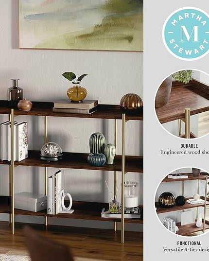Martha Stewart Emmett 3 Shelf Bookcase with Vertical Metal Frame, Home Office Storage Display Unit, 35"H, Walnut Wood Grain/Polished Brass - LeafyLoom