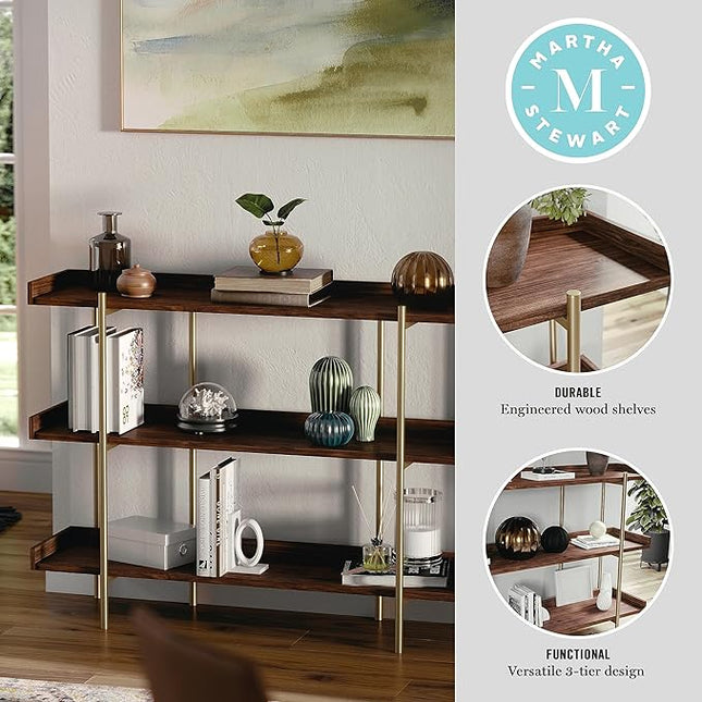Martha Stewart Emmett 3 Shelf Bookcase with Vertical Metal Frame, Home Office Storage Display Unit, 35"H, Walnut Wood Grain/Polished Brass - LeafyLoom