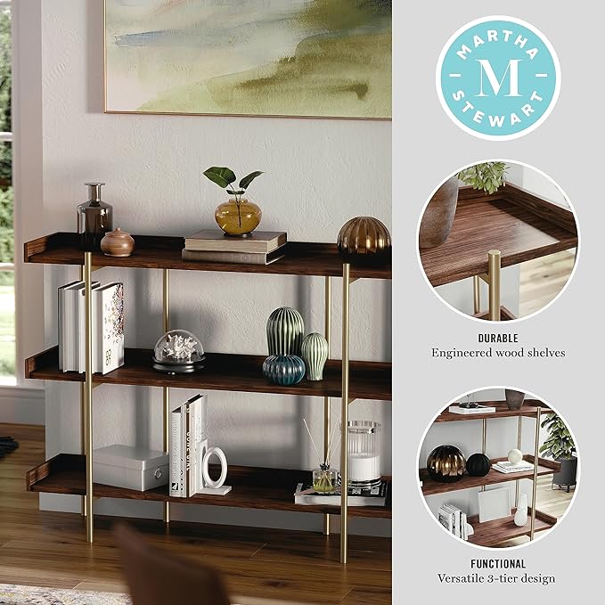 Martha Stewart Emmett 3 Shelf Bookcase with Vertical Metal Frame, Home Office Storage Display Unit, 35"H, Walnut Wood Grain/Polished Brass - LeafyLoom