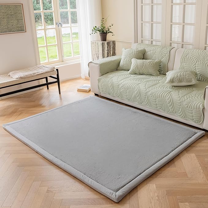 Faux Rabbit Fur Rug - 1.18" Thick Soft Fluffy Area Rug, Non-Slip Memory Foam Crawling Mat, Light Gray, 59"x59" - LeafyLoom
