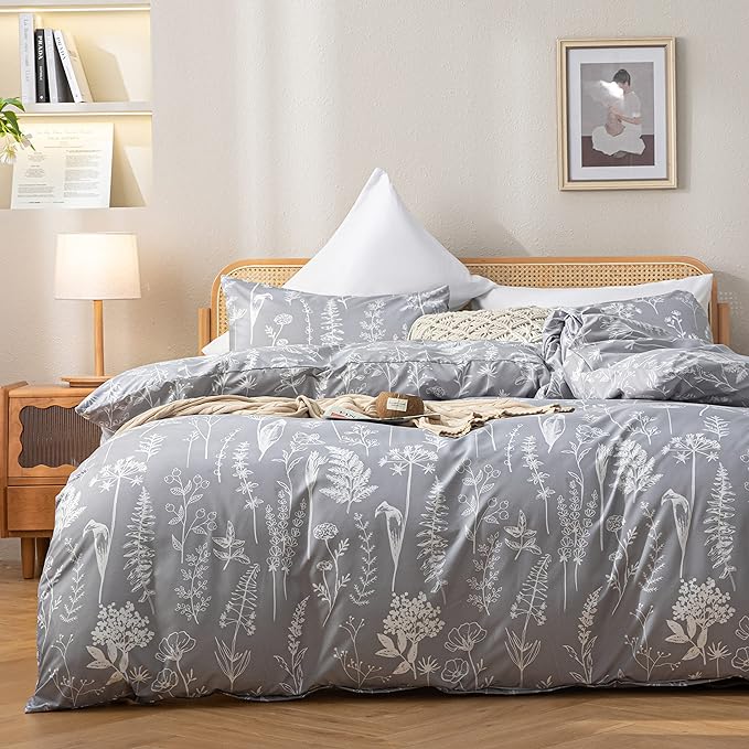 JANZAA Full Size Comforter Sets Grey Comforter Set Floral Bedding Set Microfiber Comforter Set with 2 Pillow Cases for All Season Cozy and Comfortable 3 Pieces - LeafyLoom